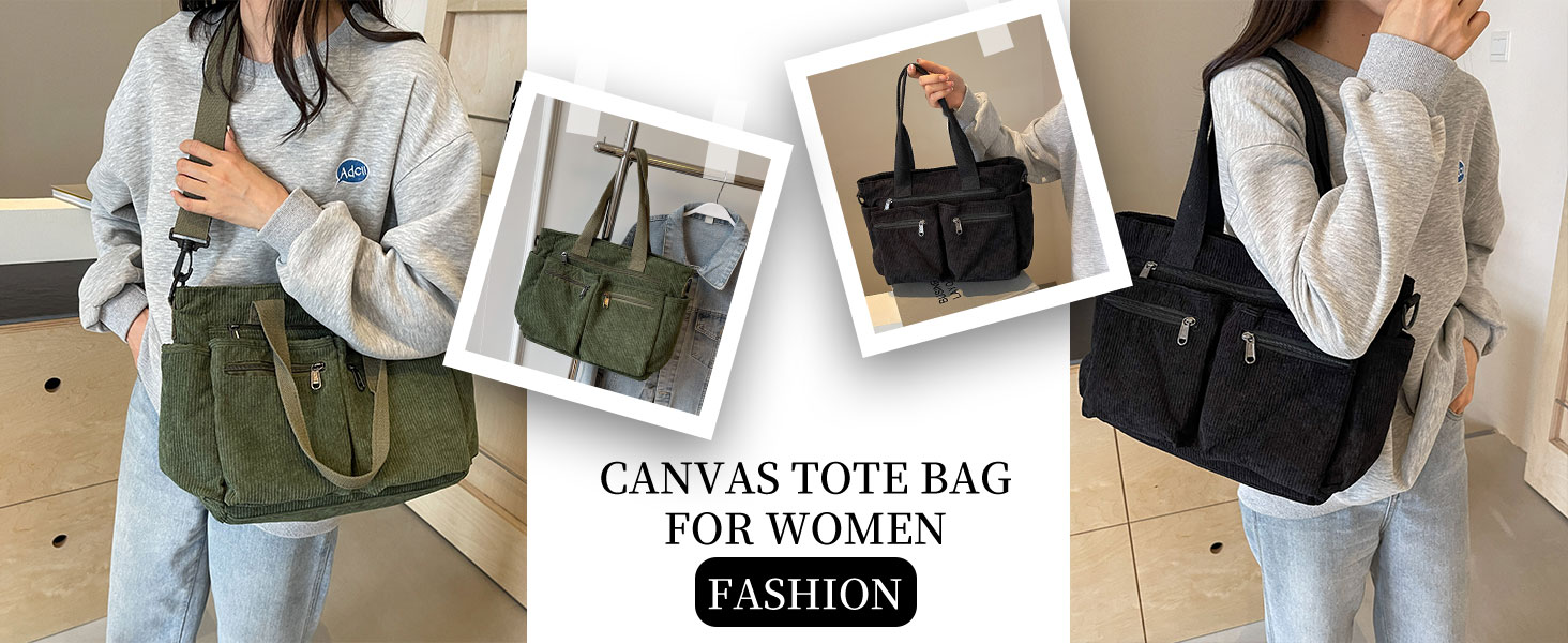 Women’s canvas tote bags in black and green with corduroy texture and front zip pockets
