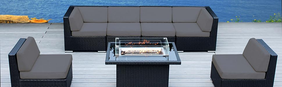 outdoor patio wicker furniture seating sectional with firepit table
