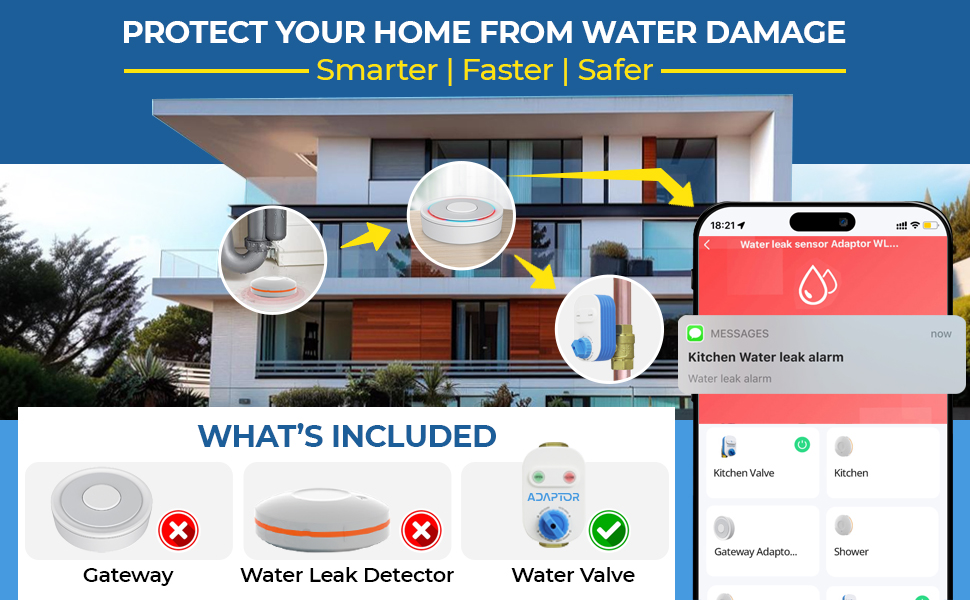 smart water leak sensor, water shut-off valve, leak protection system, zigbee hub, flood alert