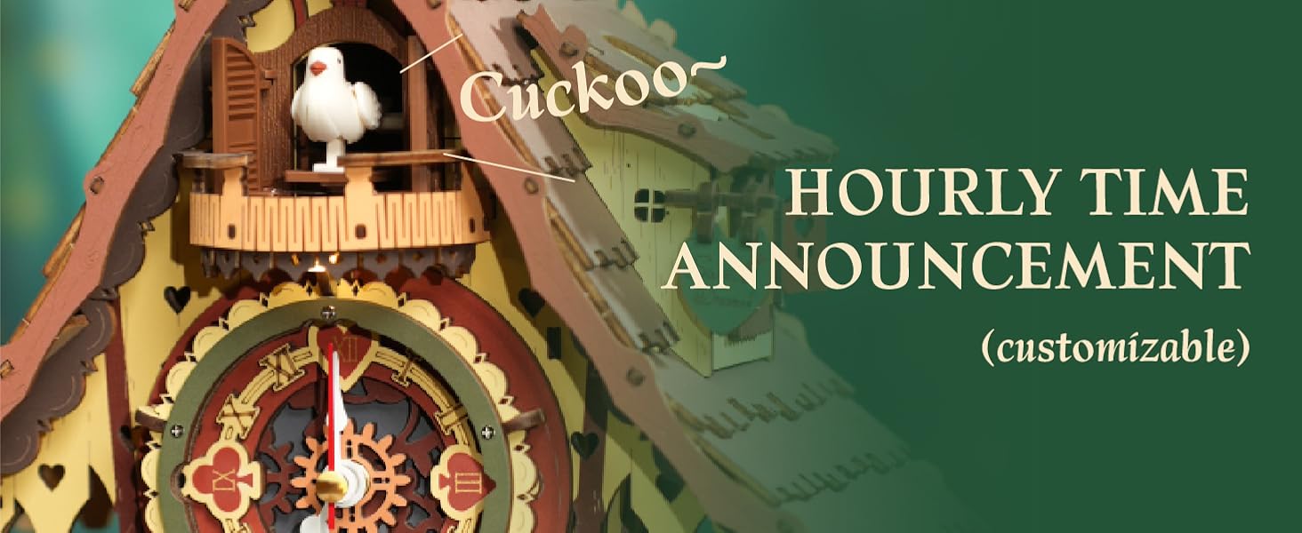 Text reads: 'HOURLY TIME ANNOUNCEMENT (customizable)'. Decorative cuckoo clock design with ornate details and traditional styling.