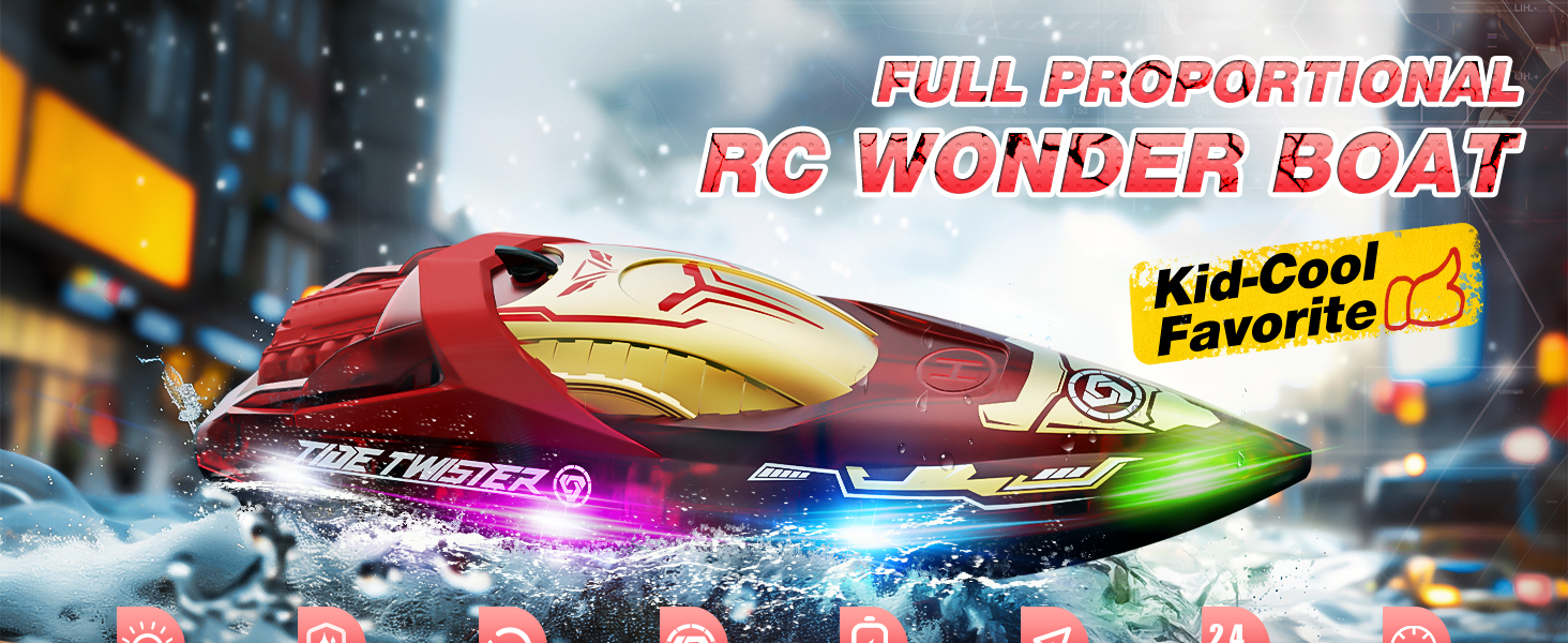 DEERC RC Boat with LED Lights for Kids, 2.4Ghz Full