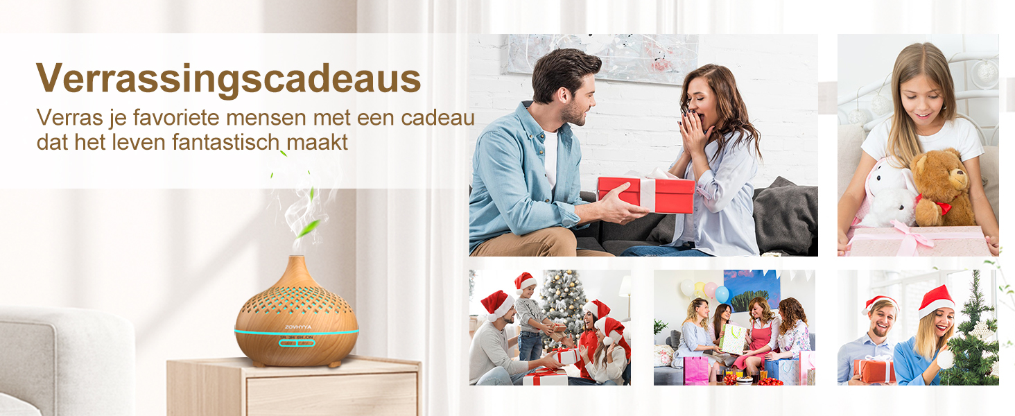 Collage met verschillende momenten om cadeaus te geven, met een decoratieve vaas en meerdere
