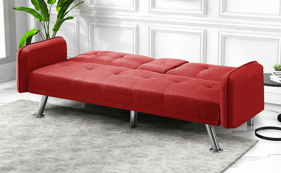 IULULU Futon Sofa Bed, Convertible Couch with 2 Cup Holders