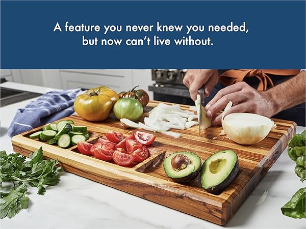 Sonder LA teak cutting board with sorting compartments for meal prep.