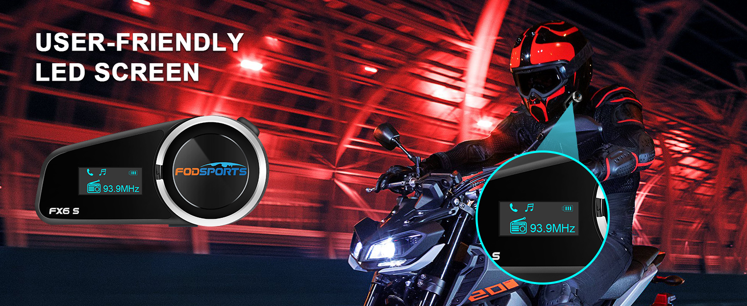 FODSPORTS FX6S Motorcycle 6-Way Bluetooth Communication System Headset Single Pack with LED Screen