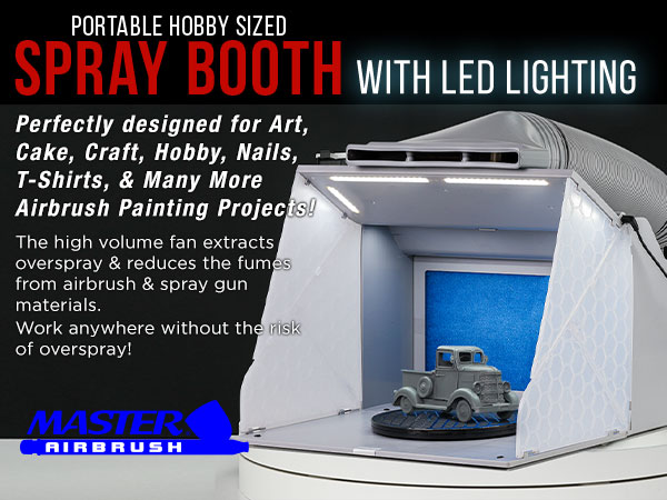 Portable airbrush spray booth kit with LED lights, dual fans, turntable & hose for painting models