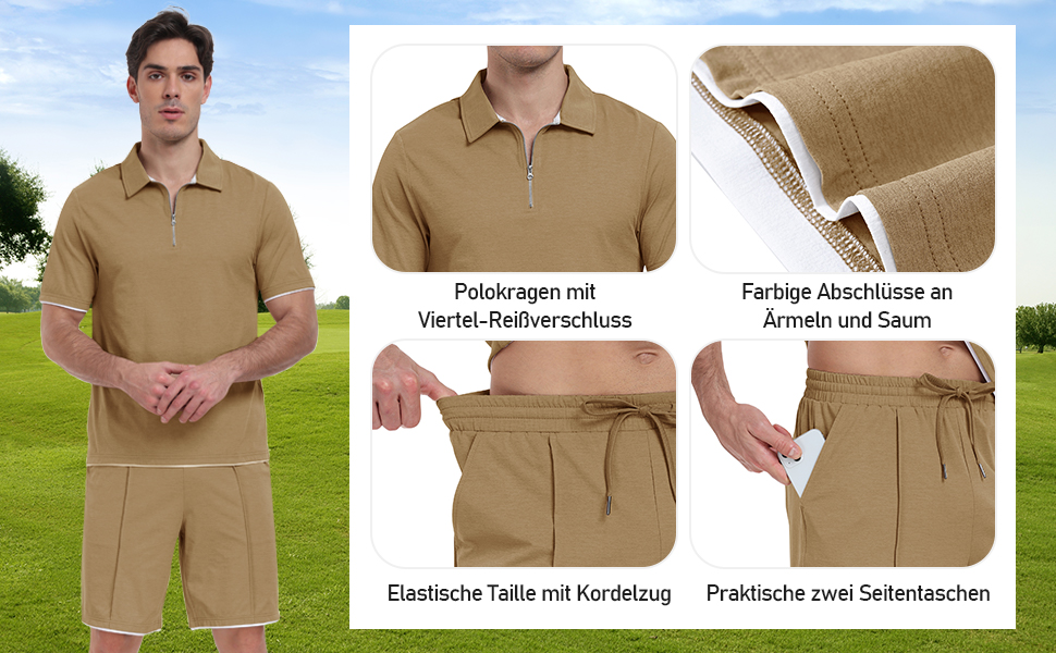 JINSHI Trainingsanzug Herren Freizeitanzug Kurzarm Sommer Jogginganzug Poloshirt mit Zip und Shorts