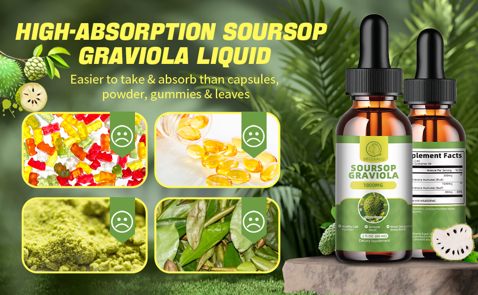 Soursop Graviola Liquid 1800mg, Soursop Leaves Extract for Cell Regeneration, Immune