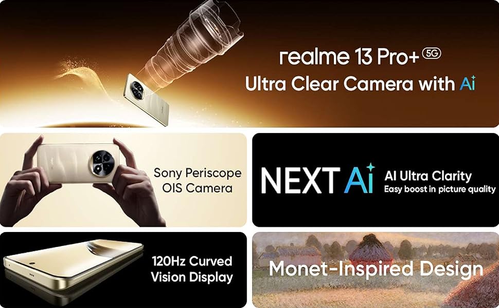 realme 13 Pro+ 5G with AI Ultra Clarity, Sony periscope OIS, and 120Hz curved vision display.