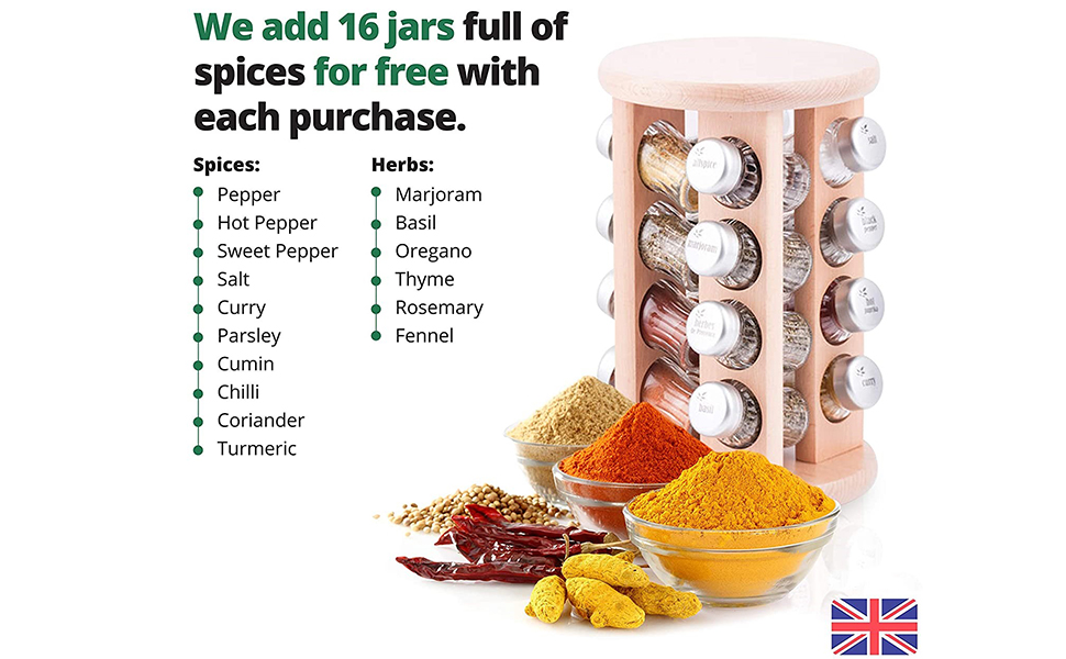 Revolving Spice Rack with 16 Glass Jars Wooden Handmade Rotating