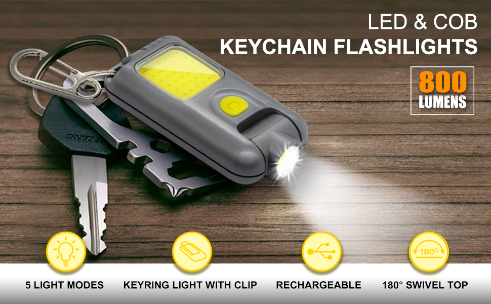 LED Small Flashlight, 800Lumens 180°Rotatable Rechargeable COB Keychain