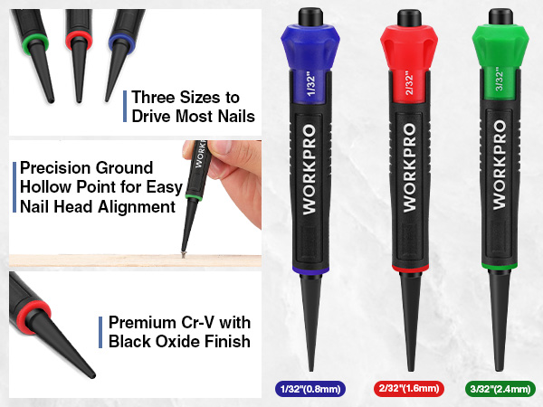 WORKPRO 3-Piece Nail Punch Set, Includes 1/32