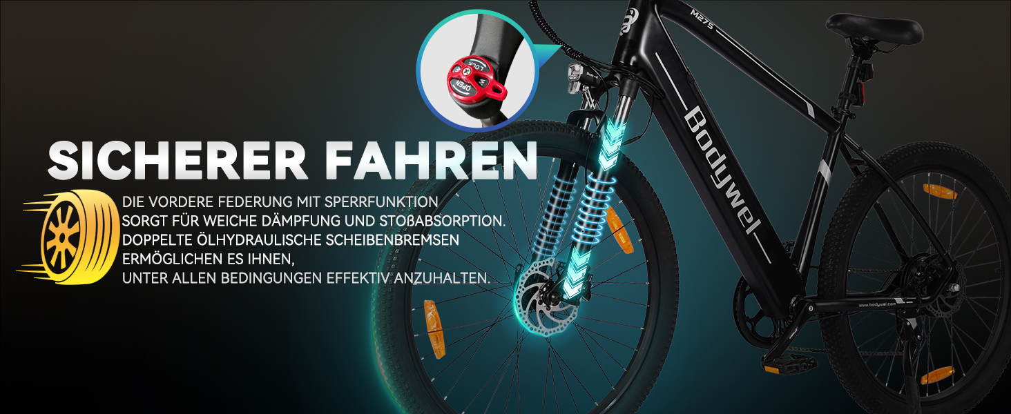 Schwarzes Fahrrad mit hervorgehobenen Sicherheitsmerkmalen, einschließlich Vorderrad-Scheibenbremssystem. Der deutsche Text „SICHERER FAHREN“ wirbt für die Sicherheitsmerkmale des Fahrrads.