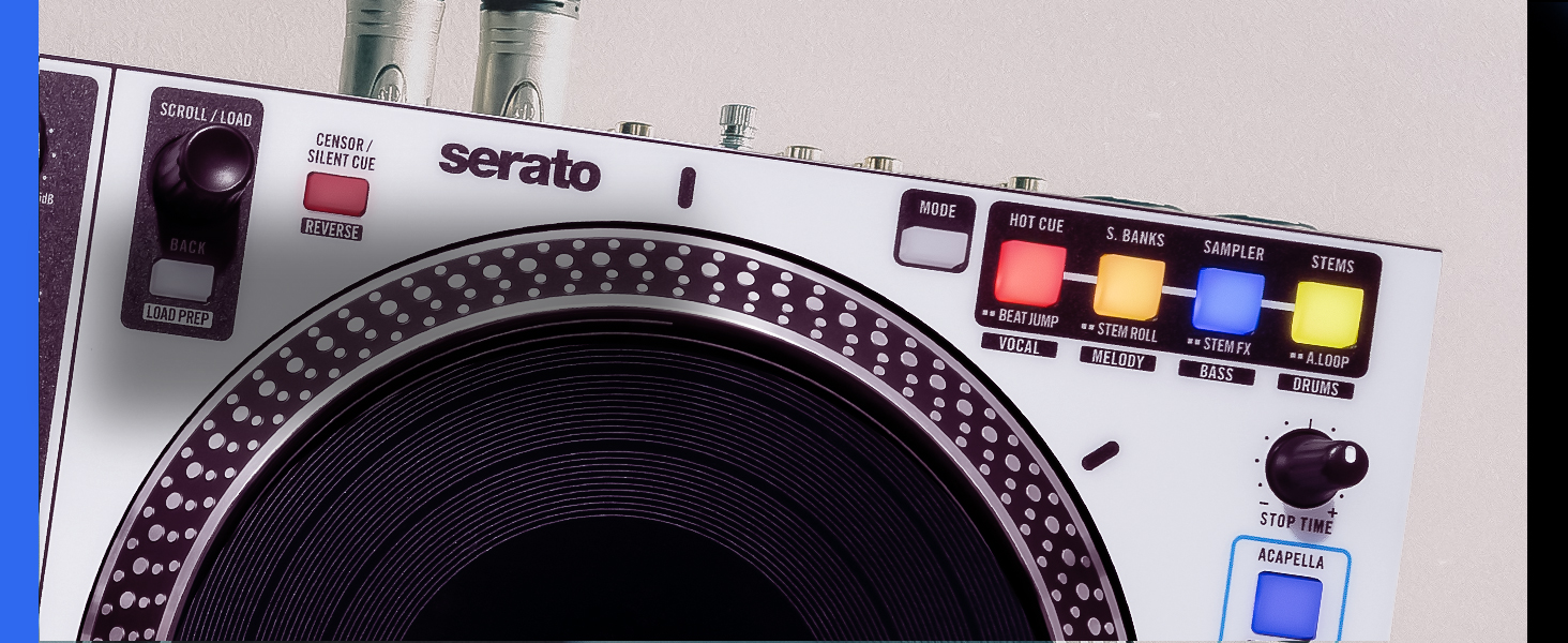 Professional DJ turntable equipment closeup showing pitch control slider and platter, with illuminated controls and display panel.