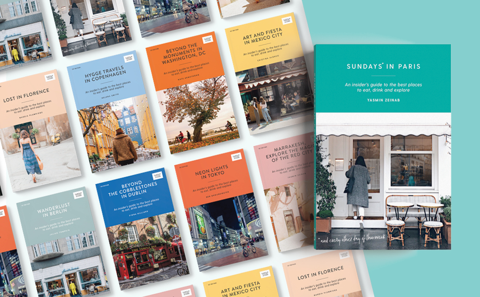 3D package shot of book on a background tiled with other Curious Travel Guides book covers