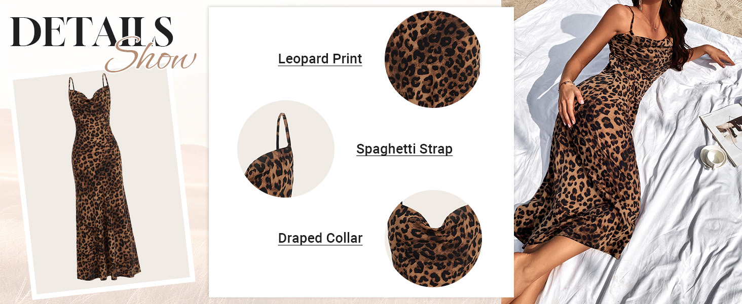 Floerns Women's Leopard Print Draped Collar Spaghetti Strap Cami Long Dress