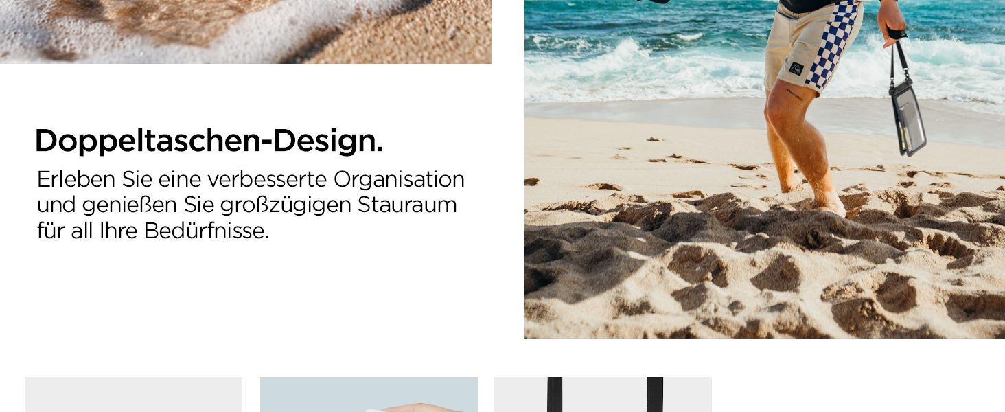 Der Text lautet "Doppeltaschen-Design". Strandszene mit Strandausrüstung mit beschreibendem Text zum Doppeltaschendesign auf Deutsch.