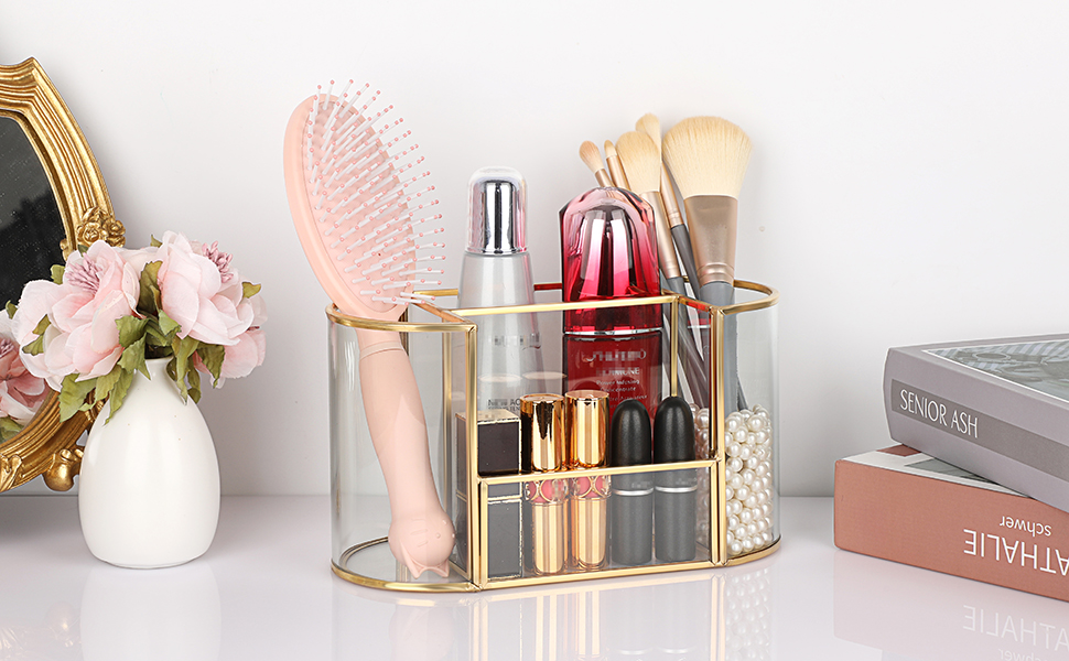 Hipiwe Gold Makeup Brush Holder 4 Slots Glass Cosmetics