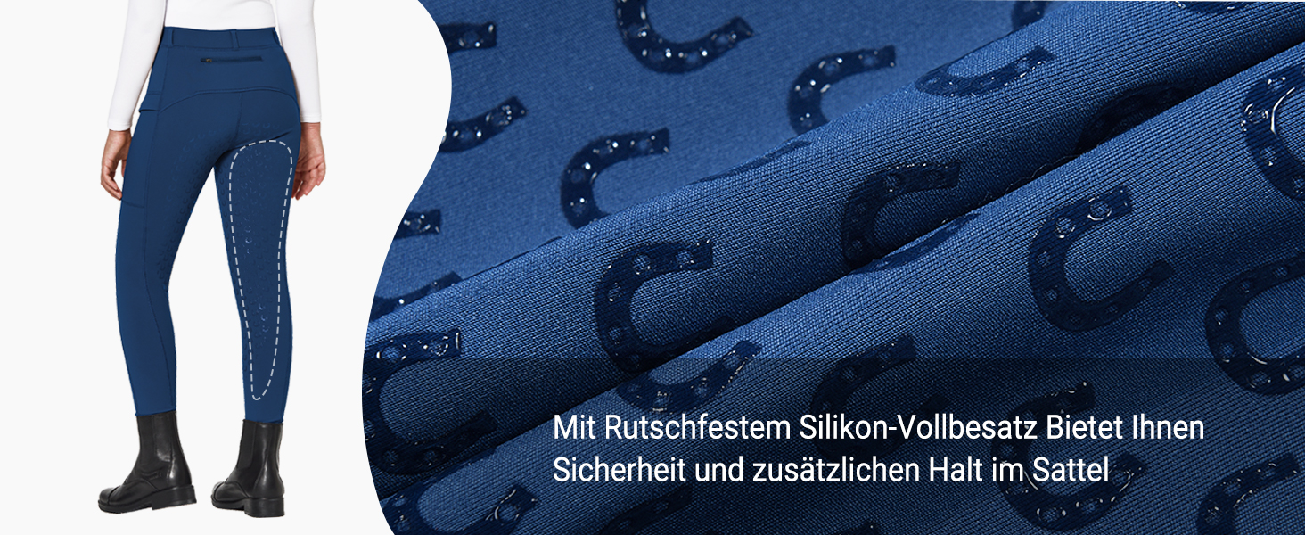 MarineBlaue Reithose Mit Durchhendem Griffmuster aus Silikon, Darigntell in Voller Länder und Detaillierter Nahaufahme der