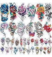77 Sheets Flowers Temporary Tattoo, 17 Sheets Half Arm Rose Butterfly Snake Skull Fake Tattoos fo...
