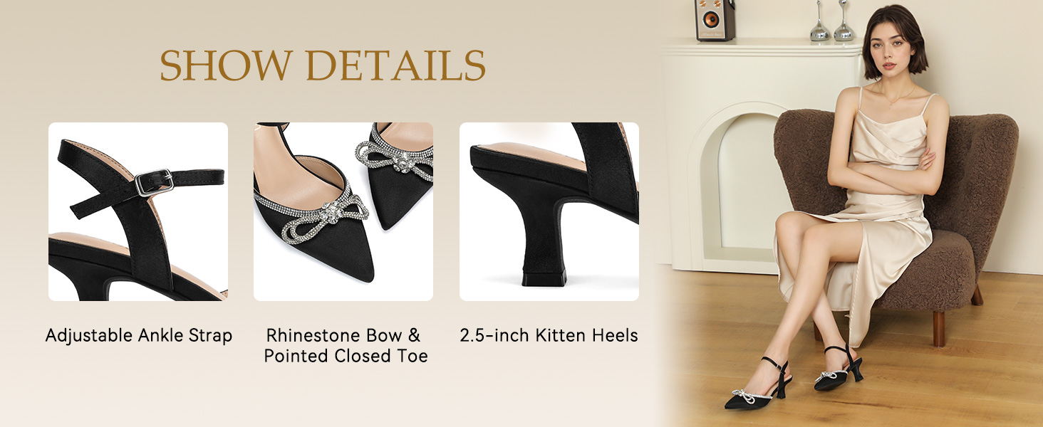 Adjustable Ankle Strap;Rhinestone Bow &amp;amp;;Pointed Closed Toe;2.5 inch Kitten Heels