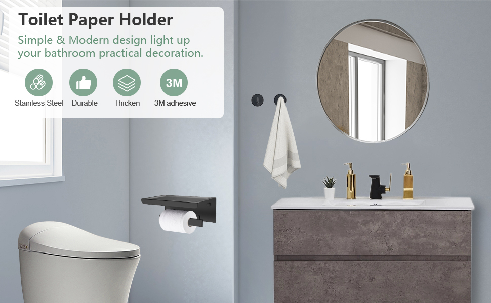 Toilet Roll Holder With Shelf + Towel Robe Hooks, Toilet Paper Holder