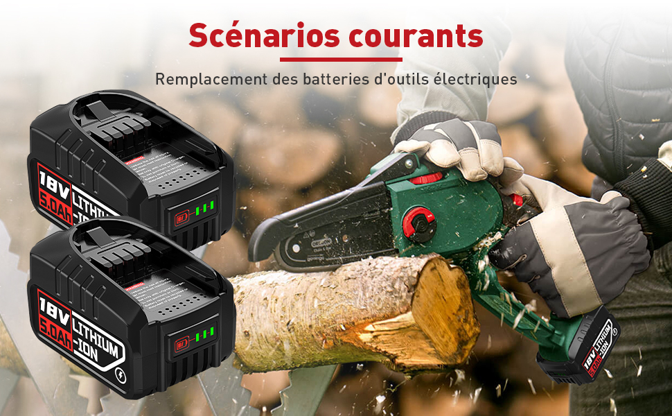 Le texte se lit comme suit : « Scénarios courts ». Les batteries d'outils électriques sont illustrées à côté d'une tronçonneuse qui coupe une bûche de bois. Les batteries de marque Metabo HPT sont visibles au premier plan.