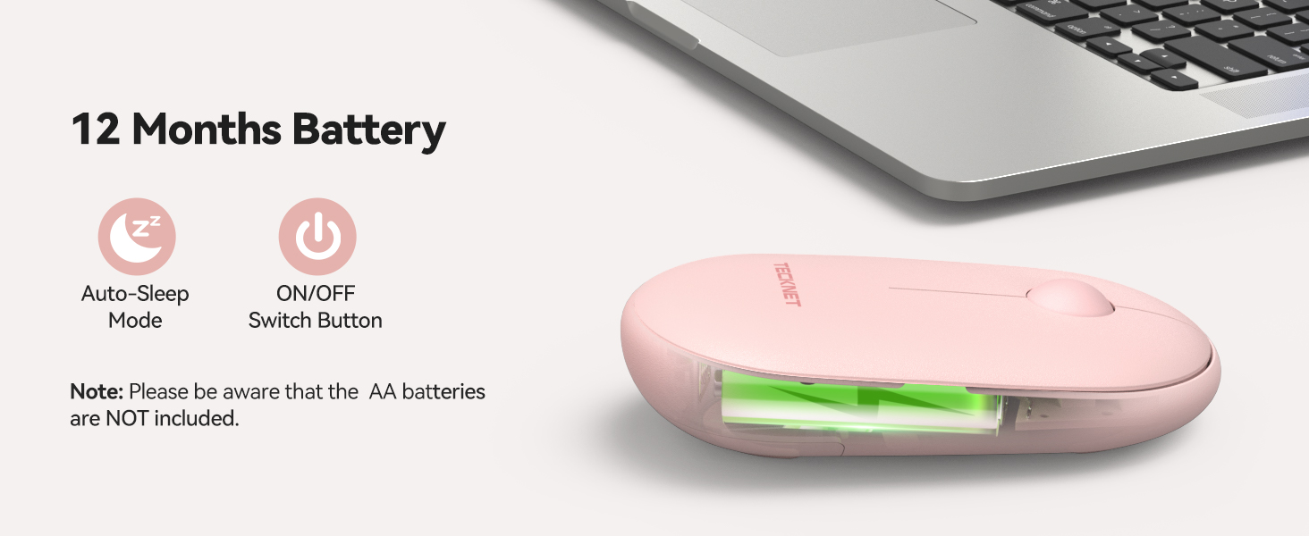Pink oval-shaped device with green light, featuring 12-month battery life, auto-sleep mode, and on/off switch. Shown next to laptop, batteries not included.