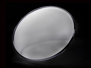 A circular, silver-toned metal plate or disc with a smooth, reflective surface and a thin, darker rim around the edge.