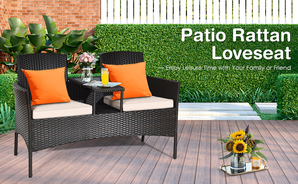 Tangkula Outdoor Rattan Loveseat, Patio Conversation Set with Cushions & Table
