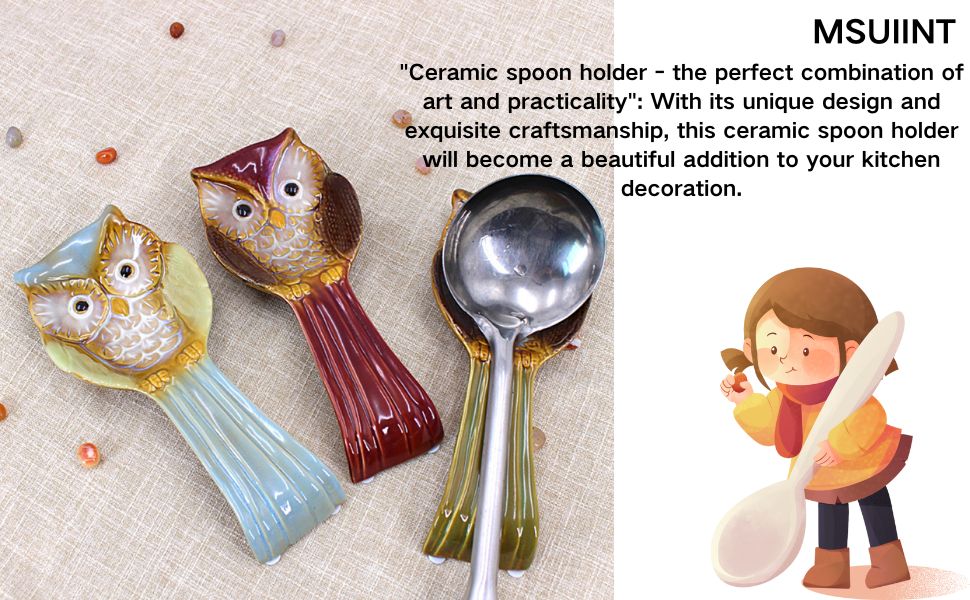 MSUIINT 3 Pieces Owl Spoon Rest, Ceramic Ladle Holder