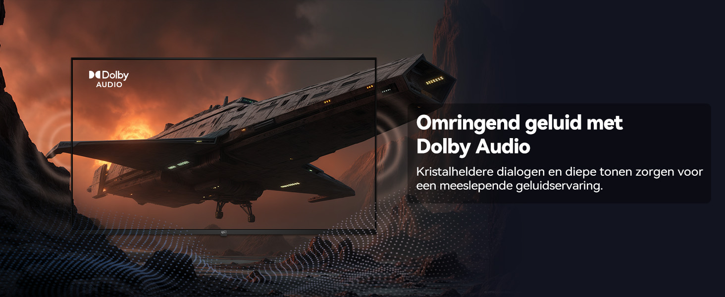 Promotiebeeld voor Dolby Audio met een ruimteschip in een donkere, sfeervolle omgeving. De tekst luidt:  Omringend geluid met Dolby Audio