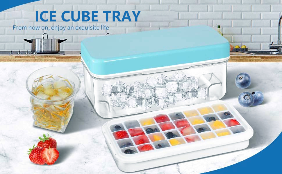 Ice Cube Tray with Lid and Bin, 2 * 32 Stackable Ice Trays for Freezer