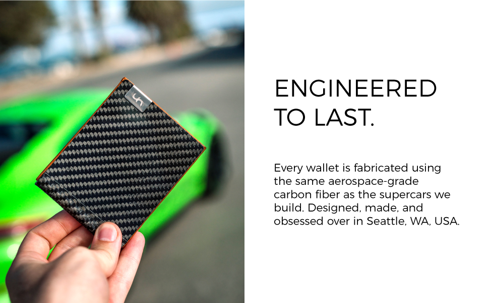 A Common Fibers LMX wallet with Tan Interior being held in front of a green sports car