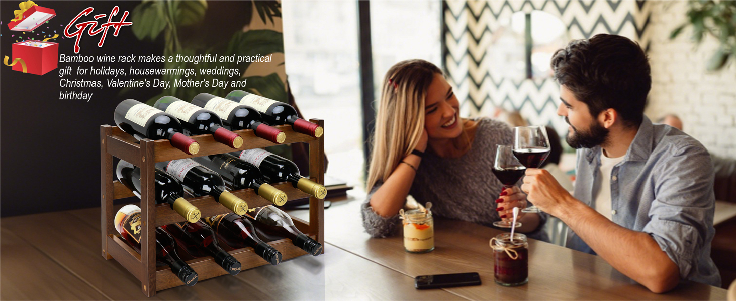 Bamboo Wine Rack, 3-Tier 12 Bottles Wine Storage Cabinet Shelf, Natural Wine Racks Countertop