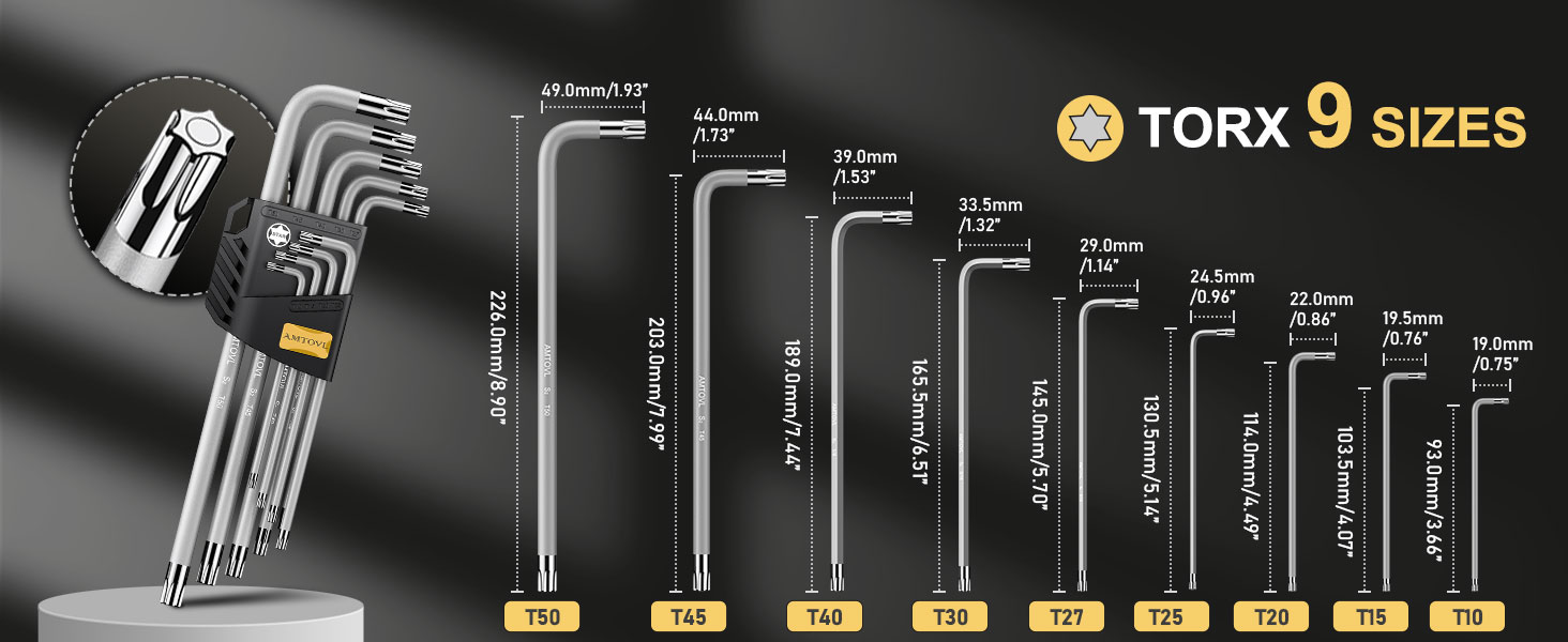 Set of Torx hex keys in 9 sizes, ranging from T6 to T50. Includes ball-end and L-shaped designs for various applications.
