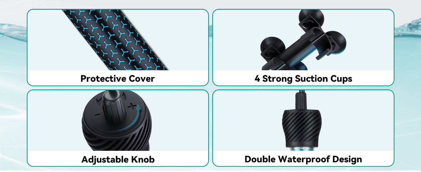 Details: Protective cover, 4 strong suction cups, adjustable knob, and double waterproof design