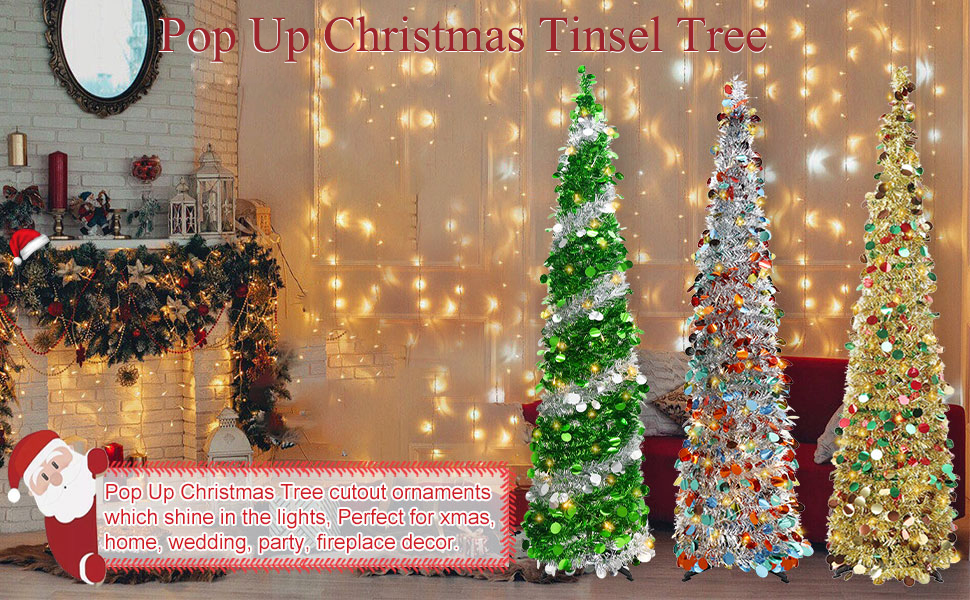 5FT Pop Up Christmas Tinsel Tree with 100 LED Warm Lights, Collapsible