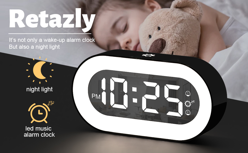 Retazly Digital Alarm Clock, Adjustable Light and Volume, Bedside Clock with Dual Alarms, Snooze