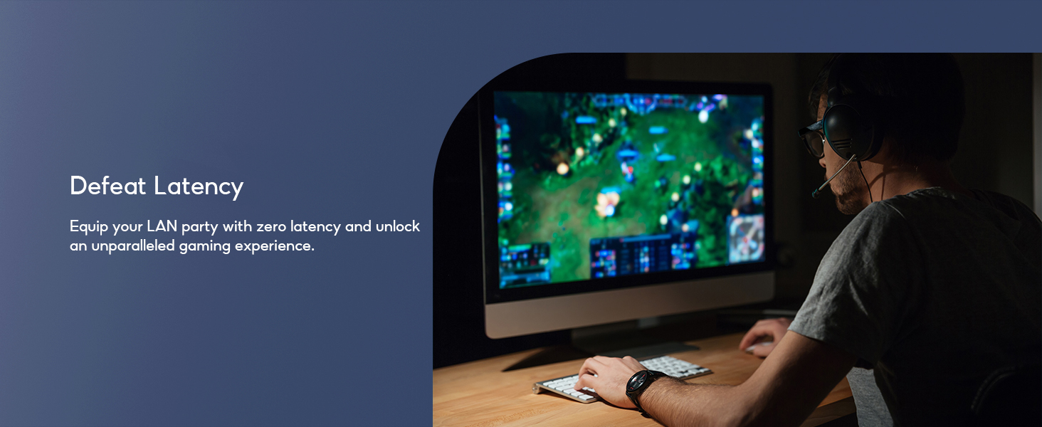 Person playing a video game, illustrating low latency