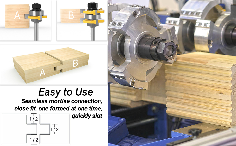 2Pcs Tongue and Groove Router Bits Set, 1/2" Shank 3 Teeth 2 Bearing