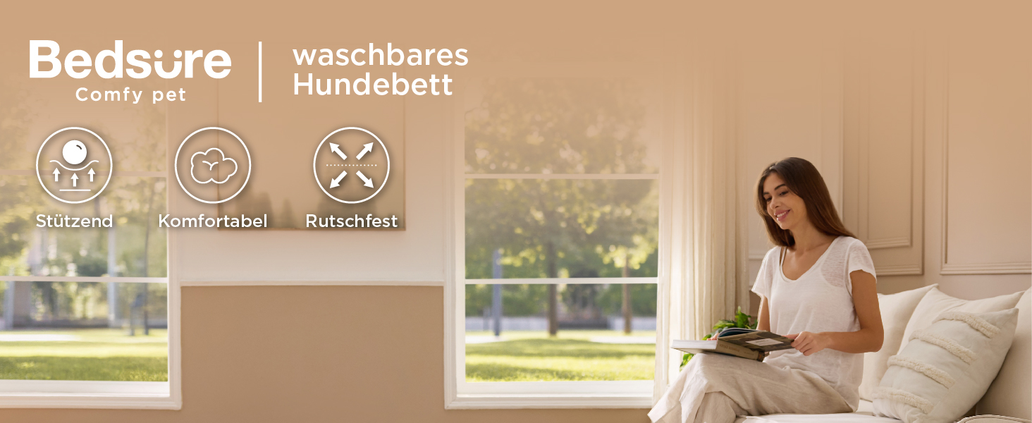 Der Text lautet „Bedsure“. Innenraumszene mit einem Fenster mit weißen Zellentönen und drei kreisförmigen Symbolen, die auf Produkt hinweisen.