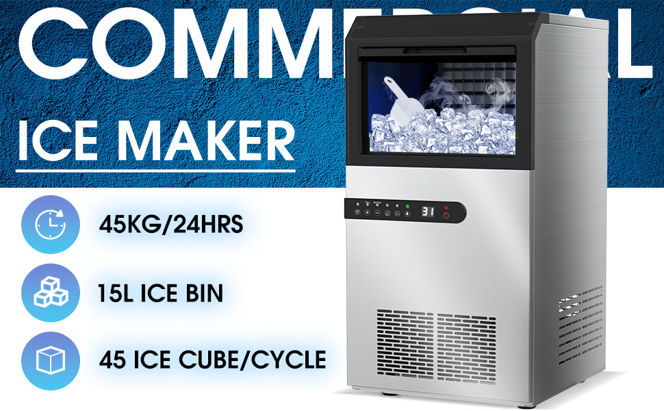 ADVWIN Commercial Ice Cube Maker, Self Cleaning Ice Machine, 45KG/24H, Stainless Steel Silver