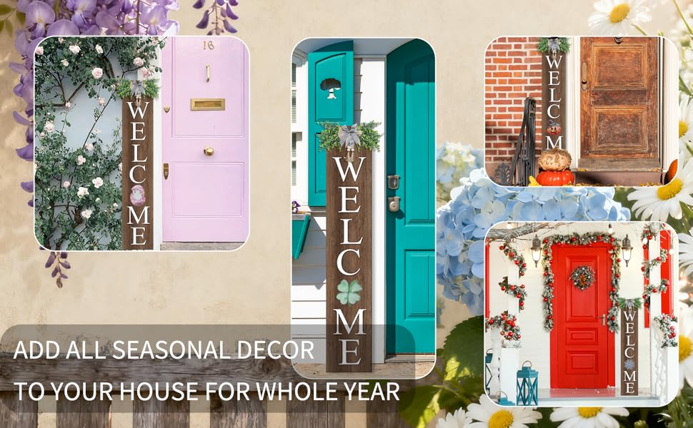Four colorful doors with &#34;WELCOME&#34; signs, surrounded by seasonal decor and flowers.