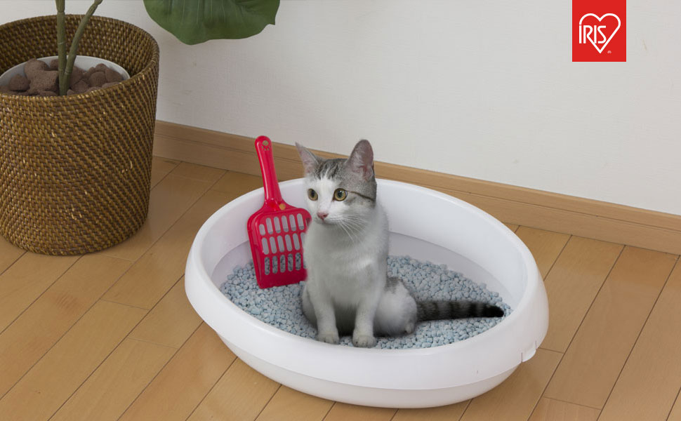 Iris Ohyama Cat Litter Tray with Scoop, Up to 4kg, White, Open Top, Cat