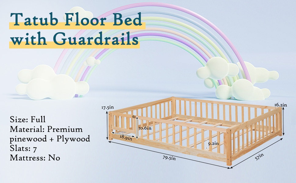 Tatub Full Floor Bed with Safety Guardrails and Slats