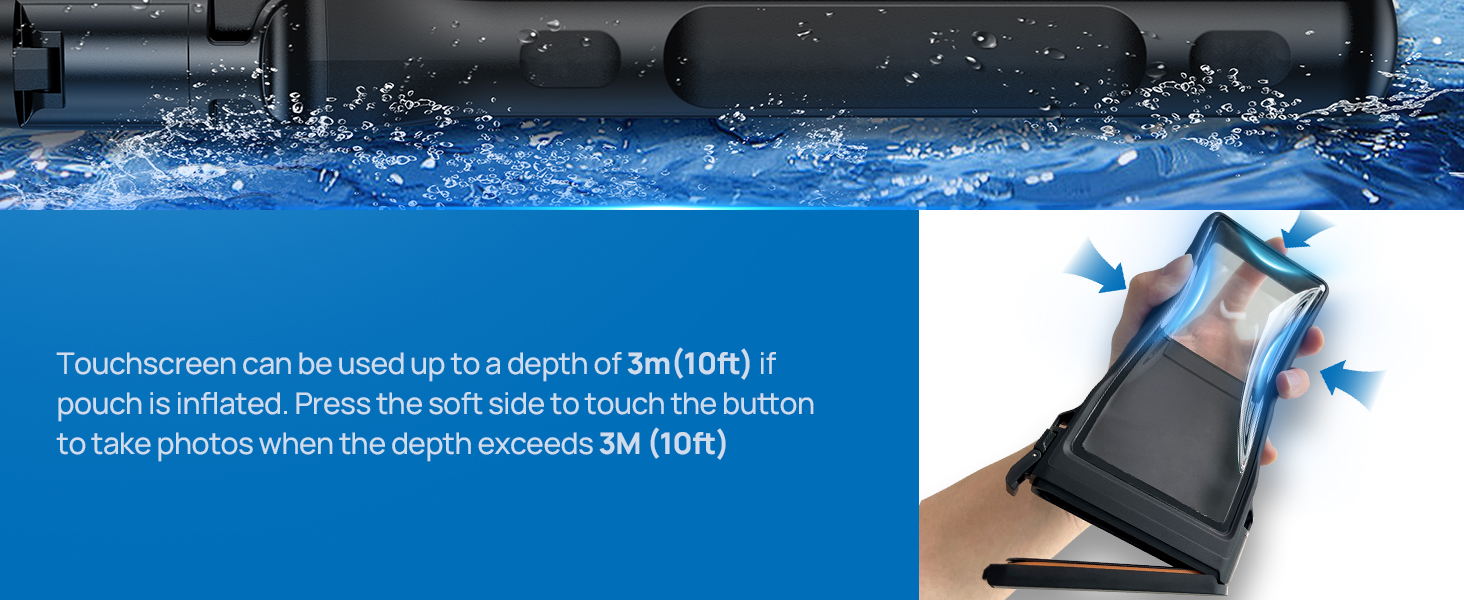 Waterproof phone case with touchscreen functionality, usable up to 3m depth. Inflatable pouch design with soft-side button for taking photos beyond 3m depth.