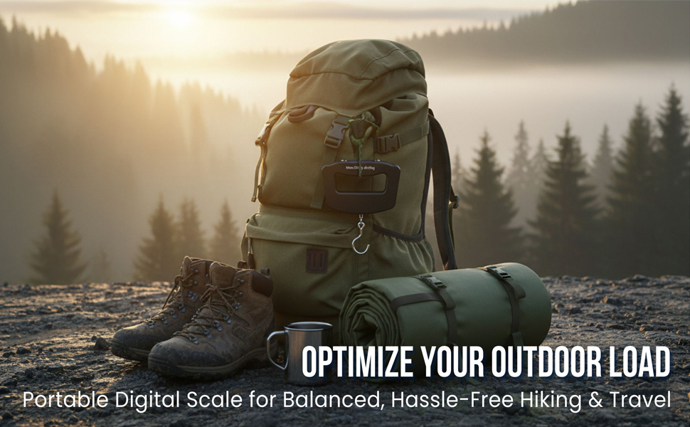 Backpack and boots at sunrise; hiker using travel luggage scale/digital scale for travel luggage