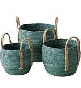 Farmers 3 Piece Basket Set, Green Dye Soaked Floor and Shelf Organizers, Corn Husk Wicker, Durabl...