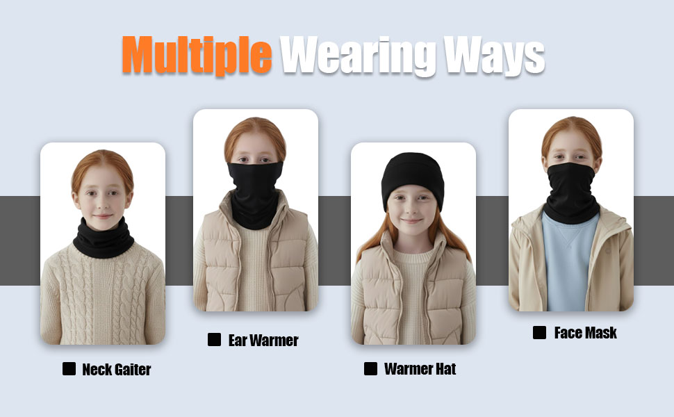 Kids showing four ways to wear fleece neck gaiter: neck warmer, ear warmer, hat, face mask